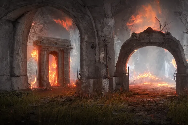 Image similar to An Abandoned, but functional portal to the fire realm, photorealistic, 4k, ultra detailed, cinematic lighting, fantasy, magic