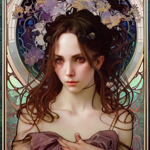 Prompt: realistic detailed face portrait of a Pokémon by Alphonse Mucha, Ayami Kojima, Amano, Charlie Bowater, Karol Bak, Greg Hildebrandt, Jean Delville, and Mark Brooks, Art Nouveau, Neo-Gothic, gothic, rich deep colors