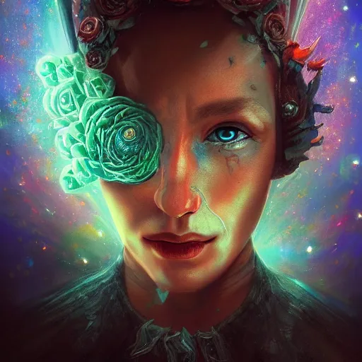 Prompt: Very very very very highly detailed mystic, enigmatic, strange portrait with galaxy, roses, shark's teeth by Mozart, intricate, extremely detailed, digital painting, artstation, concept art, smooth, sharp focus, illustration, intimidating lighting, incredible art,