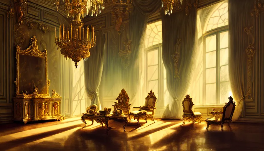 Image similar to rococo interior made from chrome, versailles, light, shadows, reflections, epic composition, intricate, elegant, volumetric lighting, digital painting, highly detailed, artstation, sharp focus, illustration, concept art, ruan jia, steve mccurry