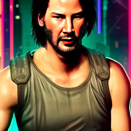 Prompt: young Keanu Reeves portrait, Cyberpunk 2077, photorealistic, ultra detailed, cybernetic body, neon, octane, bokeh, 8k