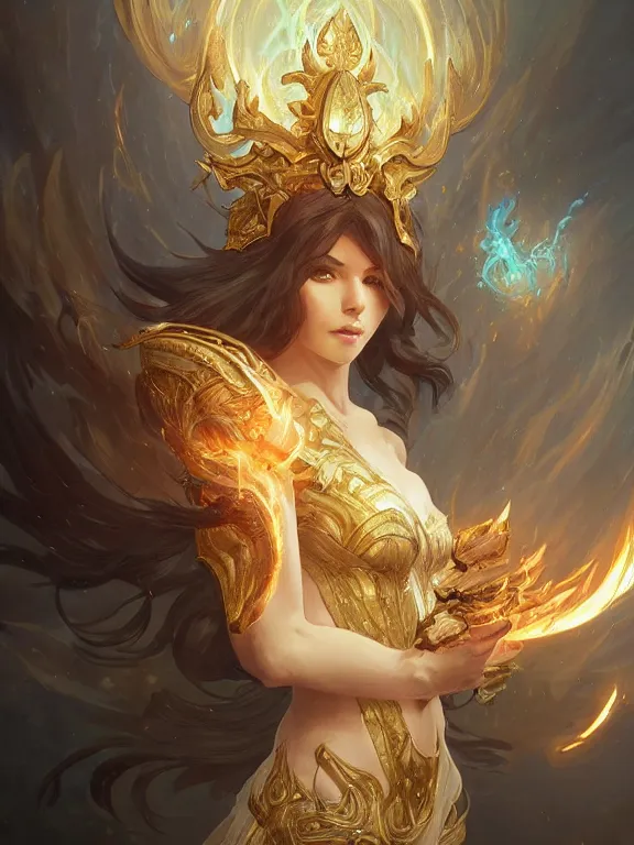 Image similar to summoner with a fire elemental, fantasy, intricate, elegant, highly detailed, digital painting, artstation, concept art, wallpaper, smooth, sharp focus, illustration, art by artgerm and greg rutkowski and alphonse mucha