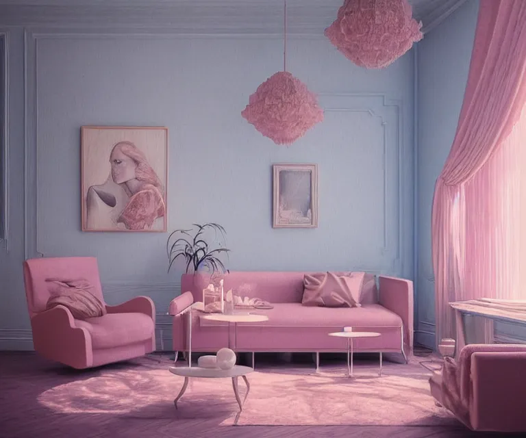 Prompt: 1 9 8 0 s living room by charlie bowater and anna dittmann and artgerm and clemens ascher, intricate, elegant, beige and blue and pink mist, highly detailed, dramatic lighting, sharp focus, octane render, trending on artstation, artstationhd, artstationhq, unreal engine, 4 k, 8 k