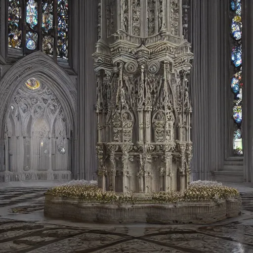 Prompt: a hyperrealistic 3 d render of a delicate ivory sculpture of an ornate detailed cathedral populated by mandelbrot fractals, micro detail, unreal engine, backlit lighting, octane renderer, catholicpunk, carved ivory, physically based rendering, carved soap, trending on cgsociety