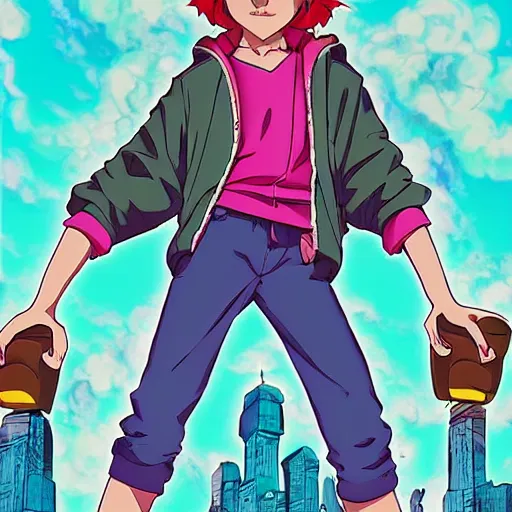 Prompt: portrait Brooklyn from Disney’s Gargoyles wearing a vibrant 90s hoodie and black sunglasses, posing for the camera, key anime visual, anime line art, official art style