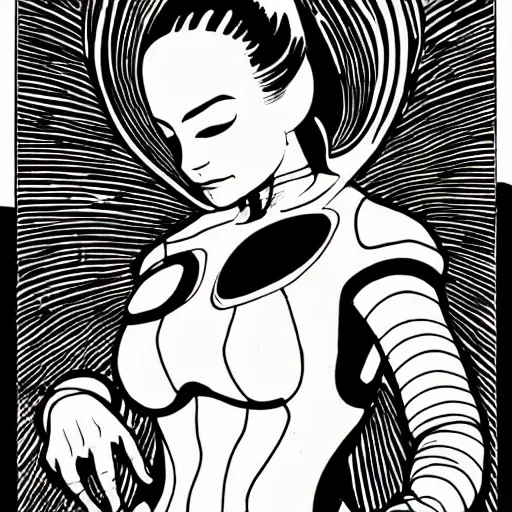 Prompt: clean simple line art with heavy black outlines of a woman floating in space wearing a space suit. no background. well composed, clean coloring book page, beautiful detailed face. coloring book line art by mike mignola and steve ditko