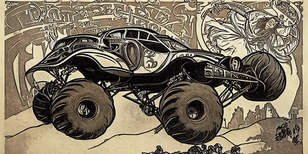 Image similar to monster truck rally, Alphonse Mucha