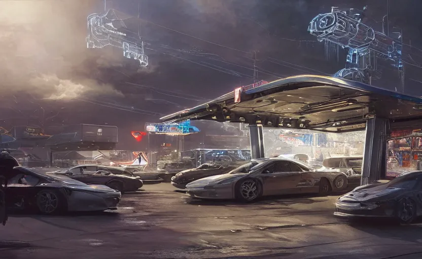 Image similar to Gas station, hyperrealistic mixed media, stunning 3d render inspired art by P. Craig Russell and Barry Windsor-Smith + perfect facial symmetry + dim volumetric lighting, 8k octane beautifully detailed render, post-processing, extremely hyperdetailed, intricate futuristic mechanic parts, epic composition, grim yet sparkling atmosphere, cinematic lighting + masterpiece, trending on artstation