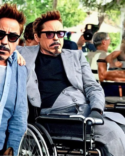 Prompt: robert downey jr. starring in weekend at bernie's. movie poster. comedic. cinematic lighting. robert downey jr. with dark sunglasses slumped in a wheelchair.