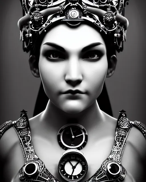Image similar to black and white side portrait ultra detailed, beautiful female android with steampunk mechanical detailed ornate face, crown, deity, sharp focus, highly detailed global illumination, concept art. 8 k