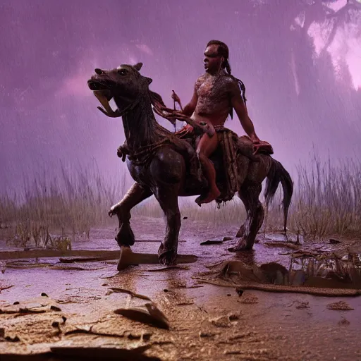 Prompt: large diorama, young man in leather tunic and loincloth, hopelessly pulling his horse from the mud of the swamp of sadness. Swampy, gouache, dark, volumetric lighting, crepuscule, octane render