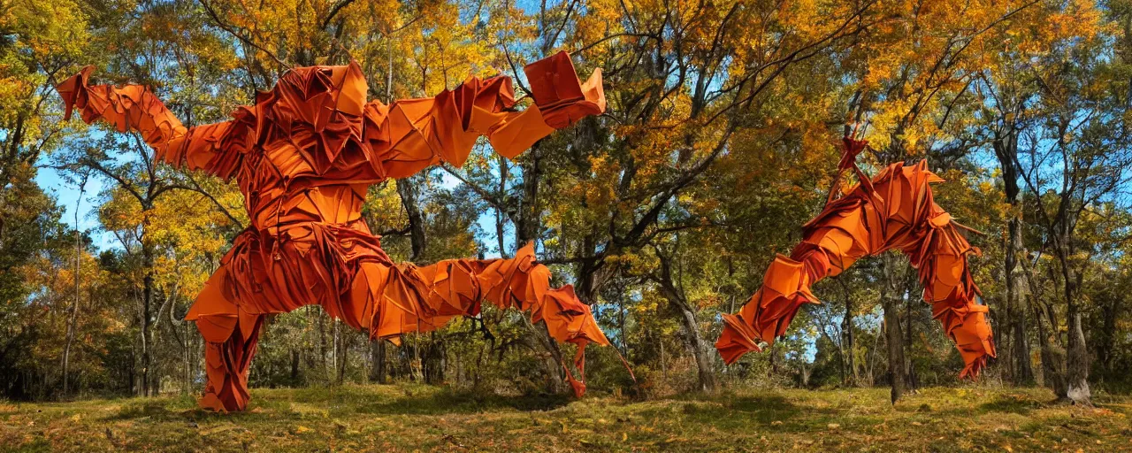 Prompt: ancient colossus made of origami striding across the open planes, fall colors, rustic vibes