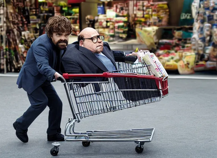 Prompt: peter dinklage in a shopping cart being pushed by danny devito, movie still, from the new jumangi movie, 8 k, realistic