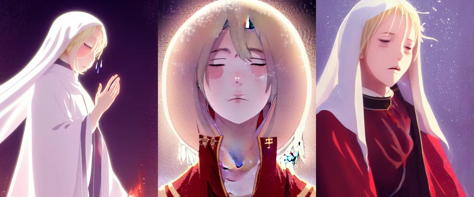 Prompt: young female nun sobbing with flowing tears, blonde hair, white and gold priestess robes, detailed perfect face, exquisite details, ice magic, mid view, design on a dark crimson background, by studio muti, greg rutkowski makoto shinkai takashi takeuchi studio ghibli