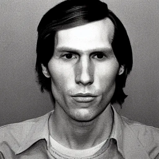Prompt: A mugshot portrait of a man who looks like Jerma985 with short length wavy hair, a combover and wearing late 1970s menswear in the late 1970s, taken in the late 1970s, grainy, realistic, hyperrealistic, very realistic, highly detailed, very detailed, extremely detailed, detailed, trending on artstation, front facing, front view, headshot and bodyshot, detailed face, very detailed face
