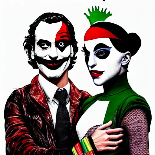 Prompt: mimmo rottela and banksy as joaquin phoenix skinny joker holding hand lady gaga harley queen, ultra realistic, intricate details, pop art style, concept art, 3 colors, 4 k, smooth, sharp focus