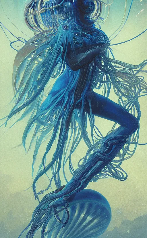 Image similar to Panorama hyper detailed painting of a cyberpunk jellyfish, blue tones, underwater, 8 mm, highly detailed, digital painting, artstation, concept art, smooth, sharp focus, illustration, art by artgerm and greg rutkowski and alphonse mucha