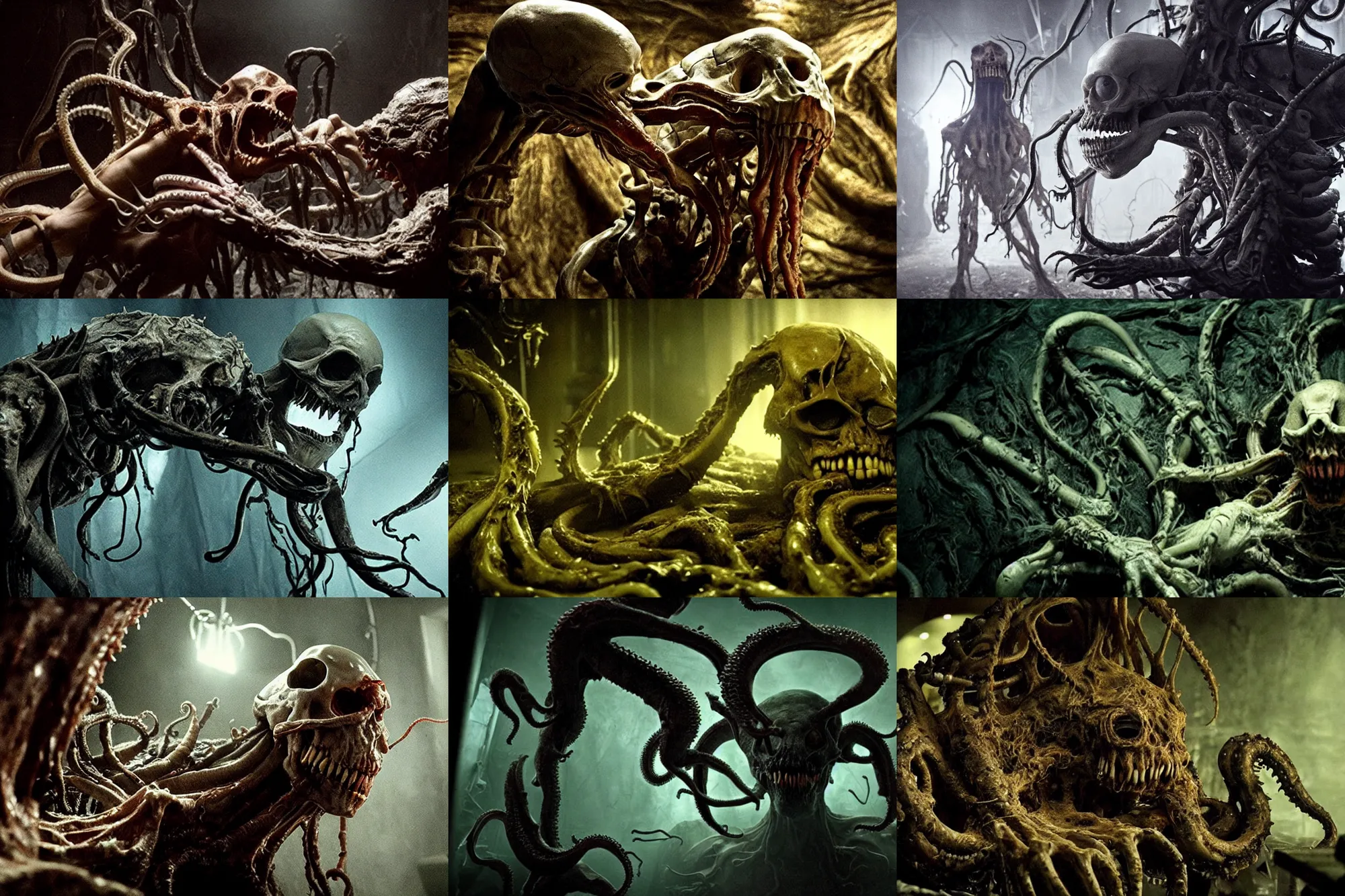 Prompt: monster with bones protruding from its face, tentacles, cinematic lighting, horror movie, lovecraftian, cosmic horror, movie still, life action movie directed by david cronenberg and guillermo del toro