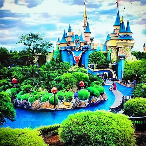 Prompt: “ beautiful disney theme park surrounded in nature ”