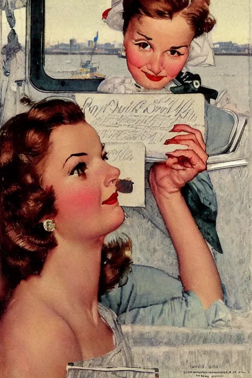 Image similar to portrait of a woman!! looking at the camera! brown hair!!!, eyes open!!, god rays! on a 1950s! ocean liner!! by norman rockwell, oil paint