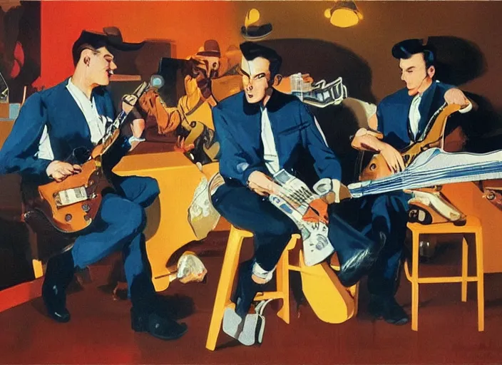 Image similar to rockabilly band 1950s, high detail, golden hour, 8K, by syd mead