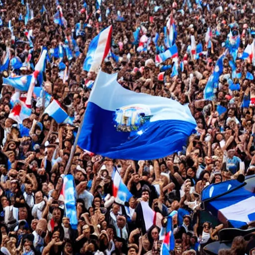 Image similar to Lady Gaga as president, Argentina presidential rally, Argentine flags behind, bokeh, giving a speech, detailed face, Argentina