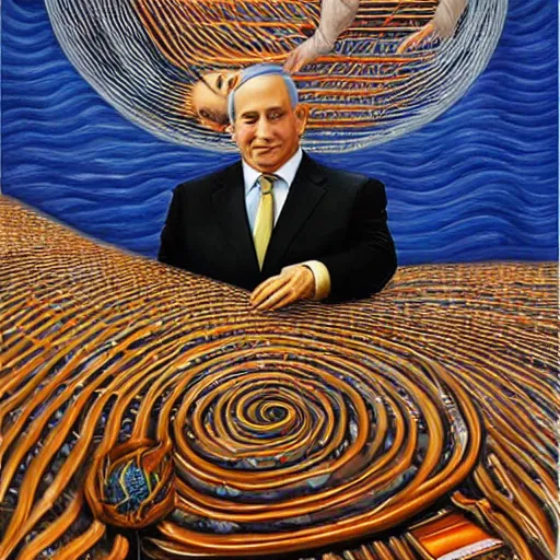 Prompt: benjamin netanyahu, spiraling floating piano, mirrors, by michael cheval