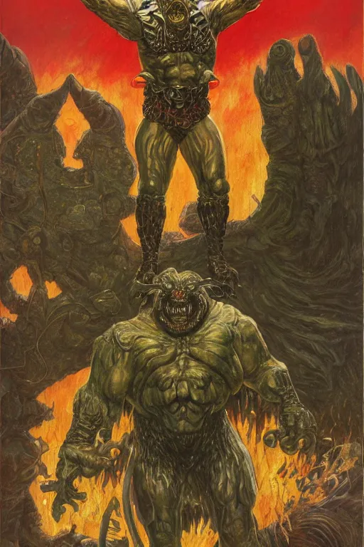 Image similar to full body portrait of mark henry as huge demonic armoured radioactive demon king, simple background, painted by jack kirby, lawrence alma tadema, norman rockwell, greg staples, wayne barlow, jacob collins, tom lovell, frank schoonover, neville page