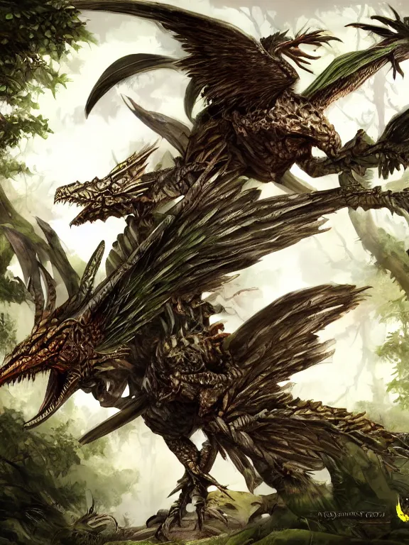 Prompt: final fantasy winged reptile, in the woods, highly detailed, digital art, sharp focus, trending on art station, warhammer fantasy,