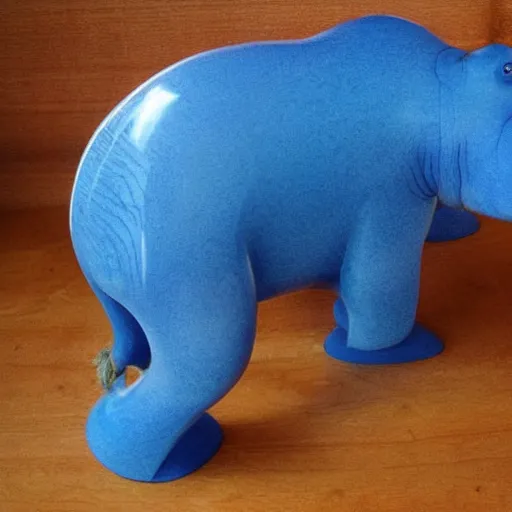 Image similar to expertly crafted etsy kids natural wood hippopotamus expertly fused with blue epoxy. the back of the wood shining hippo is made of blue epoxy. with a white photographers background.