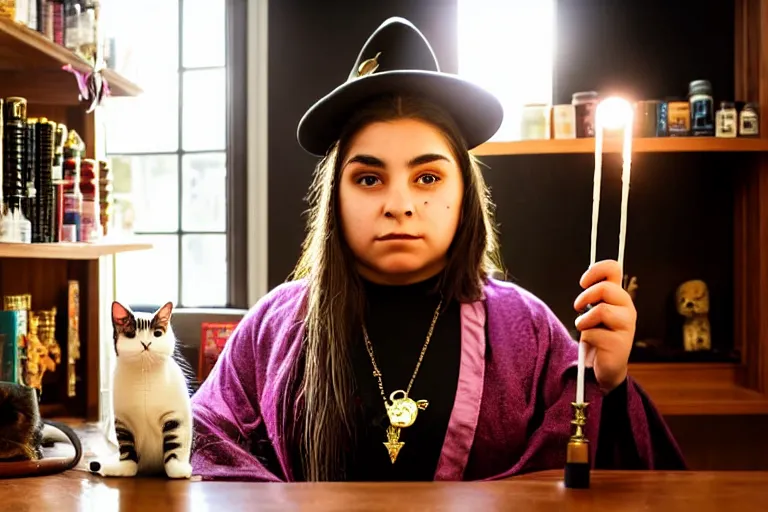 Image similar to 2 0 2 2 photo, close up portrait, dramatic lighting, concentration, calm confident hispanic teen witch and her cat, tarot cards displayed on the table in front of her, sage smoke, magic wand, a witch hat and cape, apothecary shelves in the background, alphonse mucha