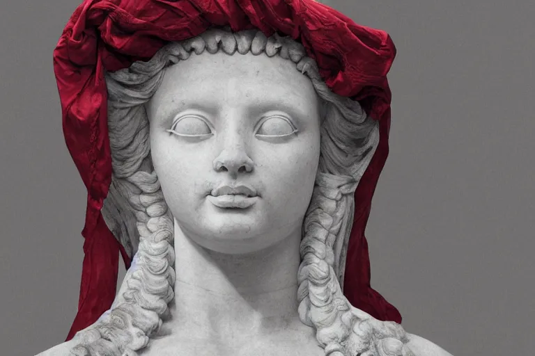 Image similar to a cinematic view of a ornated holy marble sphinx statue using an old red silk veil made by hedi xandt, chris haas and bernini, realistic, macabre art, detailed image, photorealistic, volummetric light