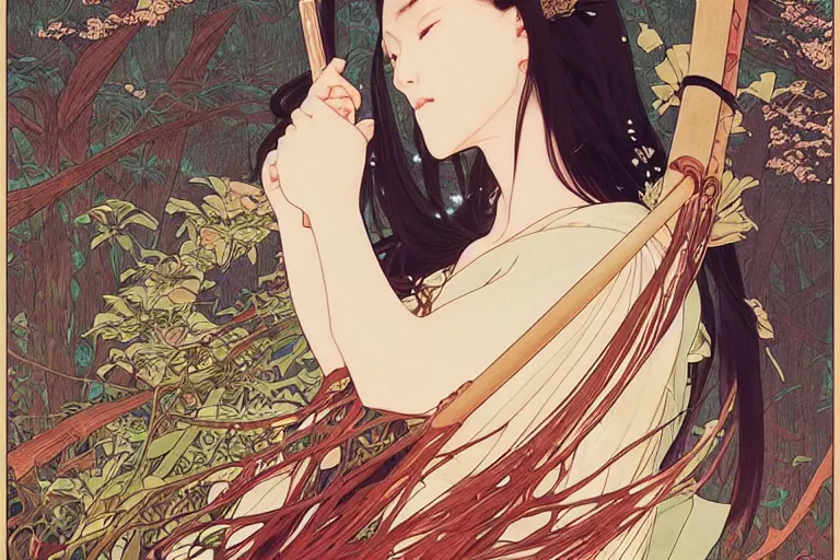 Image similar to beautiful cinematic fantasy poster, asian woman side view using a bokken in forest ; intricate complexity, by shigenori soejima, krenz cushart, alphonse mucha, takato yamamoto, conrad roset, 4 k, beautiful, high quality - h 9 6 0