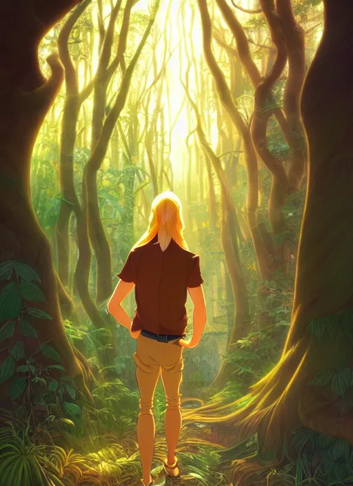 Image similar to book cover design, slender young man with long golden blond hair, shiny and sparkling, from behind, back shot, lost in a magical forest, natural lighting, path traced, highly detailed, high quality, cartoon, digital painting, by don bluth and ross tran and studio ghibli and alphonse mucha