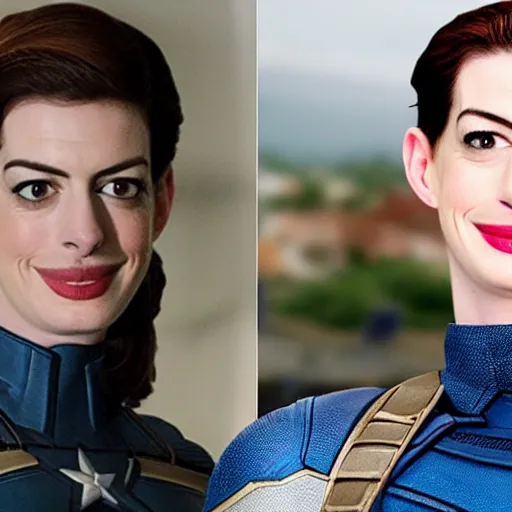 Prompt: Anne Hathaway as captain america