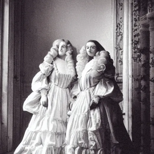 Prompt: photograph of two women with 18. century white costumes and white big baroque curly wigs, standing in a hall, candle light only