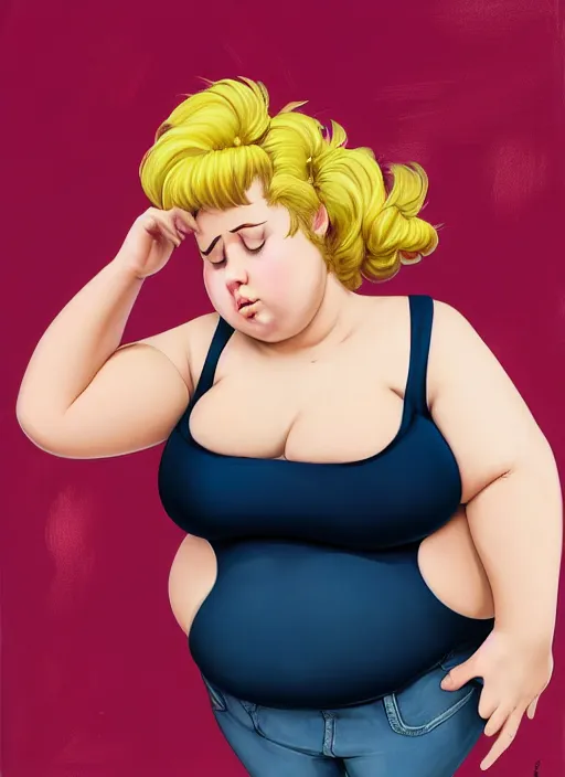 Image similar to full body portrait, teenage betty cooper, blonde hair, obese, bangs, ponytail, sultry, realistic, sultry smirk, fluffy bangs, curly bangs, fat, belly, beautiful girl, intricate, elegant, highly detailed, digital painting, artstation, concept art, smooth, sharp focus, illustration, art by wlop, mars ravelo and greg rutkowski