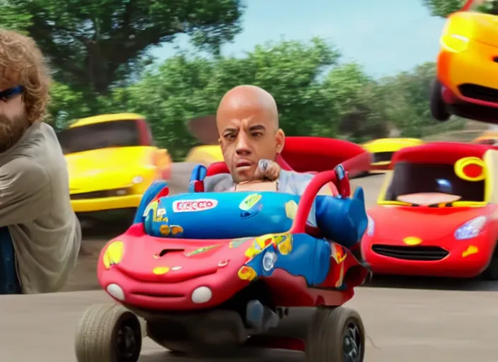 Prompt: peter dinklage driving a little tikes car, racing vin diesel, movie still, explosions in the background, from the new fast and furious movie, 8 k, realistic