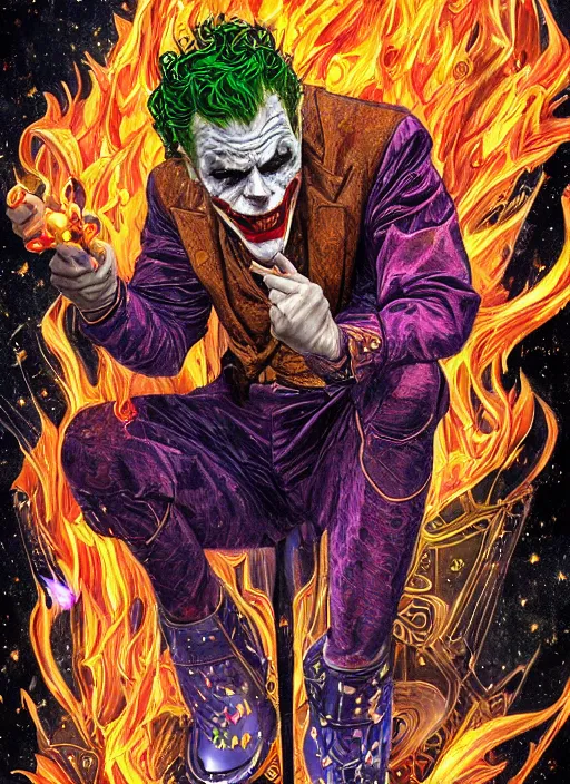 Image similar to high intricate colored ink drawing of the joker holding a glimmering fire - galaxy, full shot, neil gaiman, maria panfilova, andrea savchenko, mike kime, ludovic plouffe, qi sheng luo, oliver cook, julian calle, eddie mendoza, trending on artstation