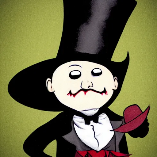 Prompt: a small vampire with a top hat and a monocle in the style of cupehead old cartoon