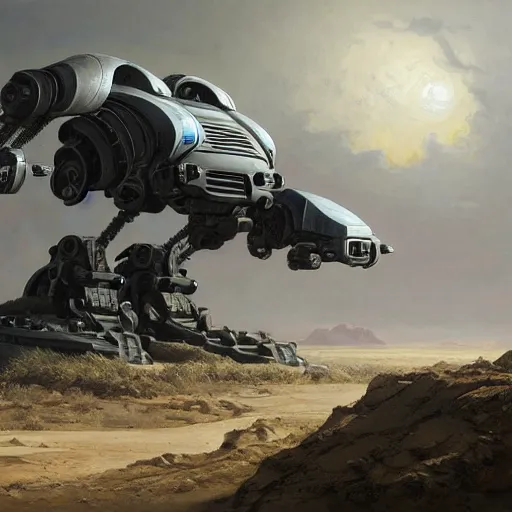 Image similar to highly detailed robotic vehicle in a scifi landscape by feng zhu, hyper - detailed, sharp, beautiful, desaturated, oil on canvas