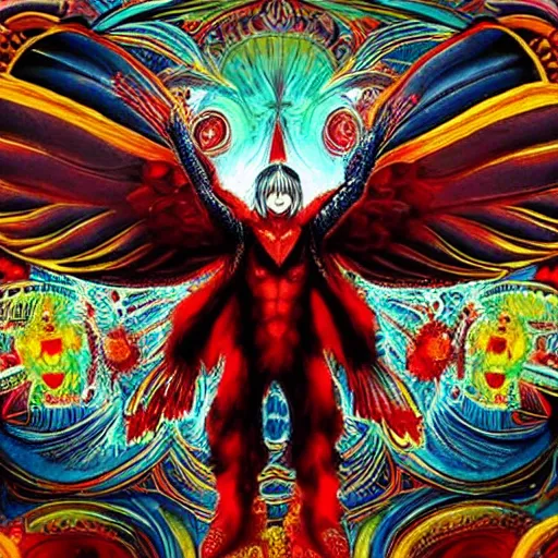 Image similar to 4K headshot of godlike mothman with defined arms and open hands and bloody clothes with giant mandala wings , intricate face , flawless anime cel animation by Kentaro Miura, psychedelic , highly detailed upper body , professionally post-processed , beautiful, scary, symmetry accurate features, epic, octane rendered, anime masterpiece, accurate