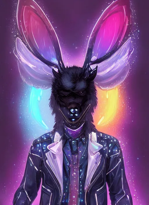 Image similar to award winning beautiful portrait commission of a male furry anthro Black Reindeer cyberpunk fursona with a tail, wings, wings, wings and a cute beautiful attractive detailed furry face wearing stylish black and rainbow galaxy clothes, outline, in a cyberpunk city at night while it rains. Character design by charlie bowater, ross tran, artgerm, and makoto shinkai, detailed, inked, western comic book art