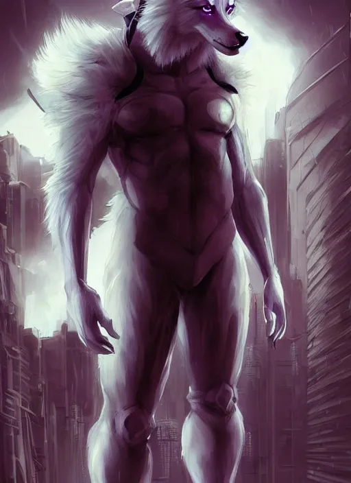 Image similar to award winning beautiful portrait commission art of a muscular male furry anthro albino wolf fursona with a tail and a cute beautiful attractive detailed furry face wearing black stylish cyberpunk pants and boots in a cyberpunk city at night while it rains. Character design by charlie bowater, ross tran, artgerm, and makoto shinkai, detailed, inked, western comic book art