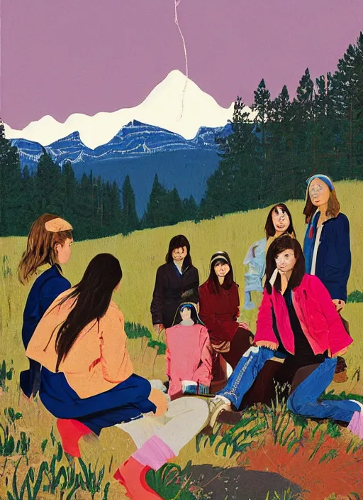 Image similar to composition by justine kurland, a portrait of a group of girls dressed in colorful jackets in a scenic representation of mother nature and the meaning of life by billy childish, thick visible brush strokes, shadowy landscape painting in the background by beal gifford, vintage postcard illustration, minimalist cover art by mitchell hooks