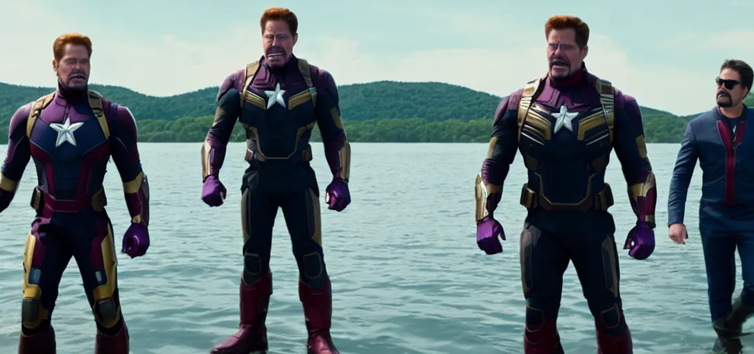 Prompt: a very high resolution image from a new movie. thanos waving at tony stark while capitan america watches on a lake, photorealistic, photography, directed by wes anderson