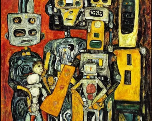 Image similar to a painting of a robot family by graham sutherland, egon schiele, expressionism