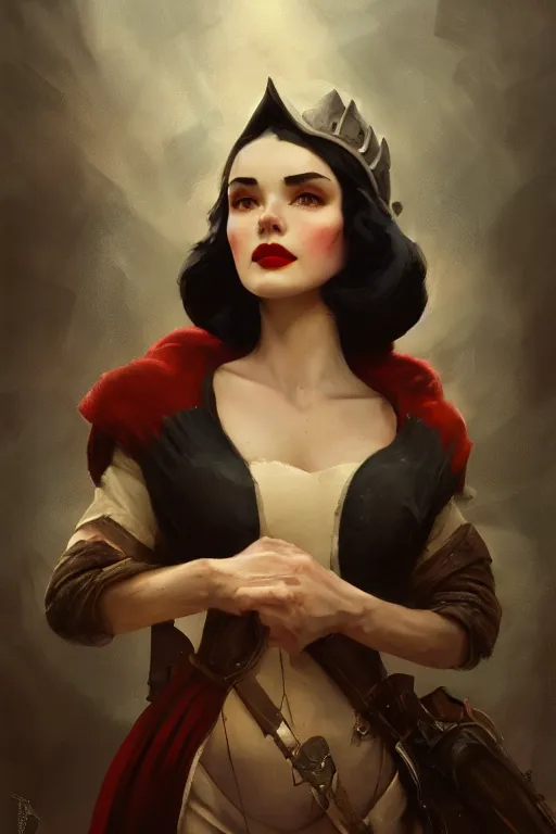 Prompt: snow white, dieselpunk, oil painting, darkness, paint texture, digital painting, highly detailed, artstation, sharp focus, illustration, concept art, ruan jia, charlie bowater, tom bagshaw, norman rockwell
