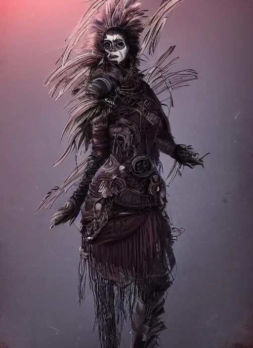 Image similar to digital art of a young woman in dark shamanistic ritual clothing accented by black feathers, post apocalyptic, dystopian, high resolution, highly detailed, fallout, raider, 4 k, artstation, dark lighting