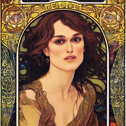 Prompt: keira knightley portrait by louis - theophile hingre and alphonse mucha, realistic, sharp focus, zodiac signs, tarot cards, planets, ethereal, art nouveau, magic, moon, sun, crown, dreamy, royal, jewellery